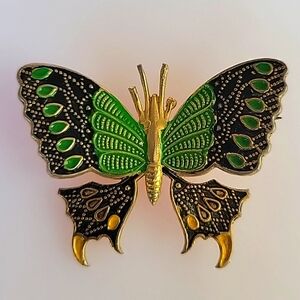 Vintage Damascene Style Green, Black, & Gold Butterfly Brooch Signed Spain